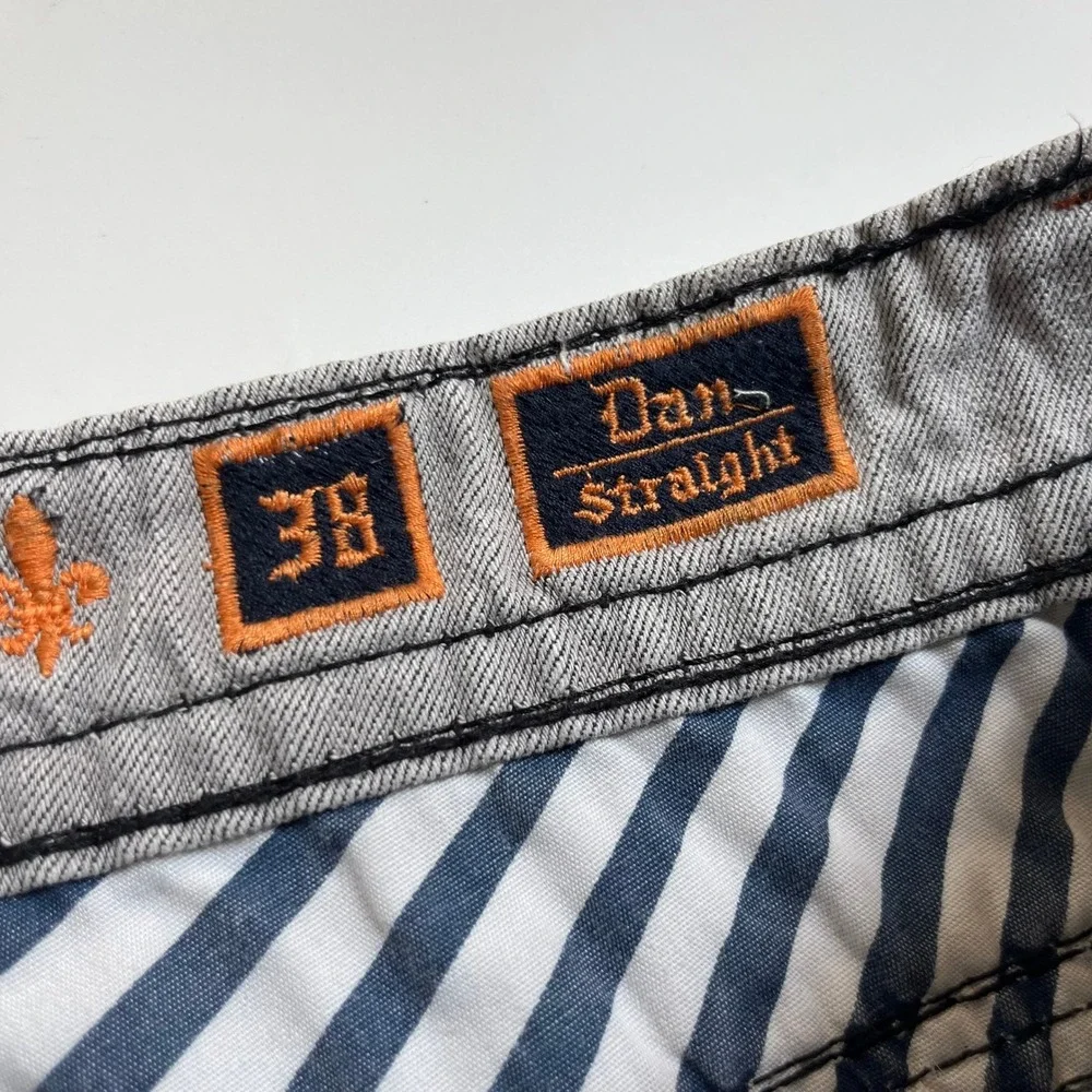 Rock Revival Dan Straight Mens 38 Gray Jeans Heavy Black Stitch Fleur-De-Lis Y2K